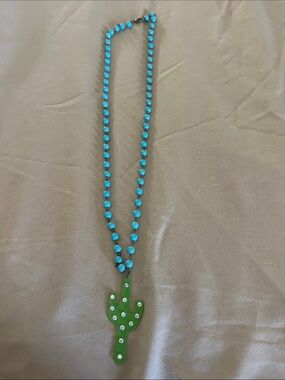 Turquoise Beaded Necklace with Green Rhinestone Cactus Pendant